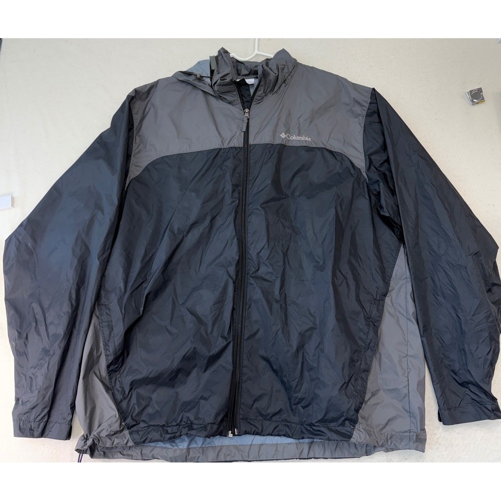 Columbia Mens XXL Packable Hooded Windbreaker Jacket Gray Black Full Zip Mesh